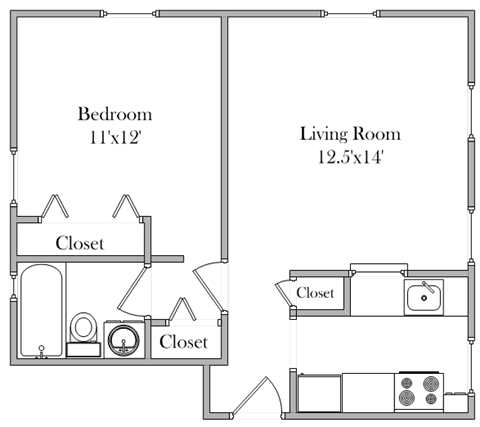 Floor plan for 1 bed, 1 bath, 609 sqft